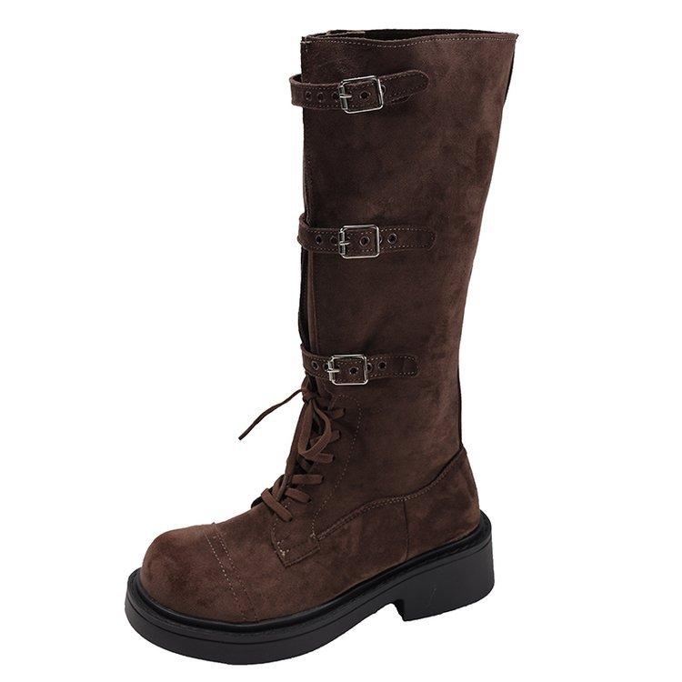 Retro boots women's 2025 autumn new belt buckle knight boots but knee but knee two wear boots boots