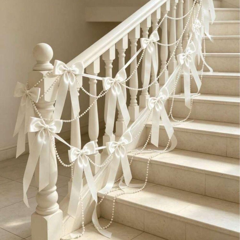 Faux Pearl Bowknot Banner Hanging Pendant Reusable Bow Beaded Garland  Birthday Decor