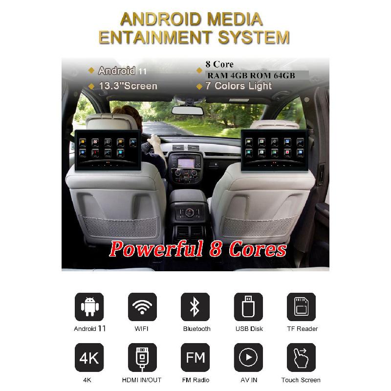 2 шт. 133" Автомобильный монитор на подголовник ТВ Android 11 4 ГБ + 64 ГБ Wi-Fi Bluetooth USB Aux FM