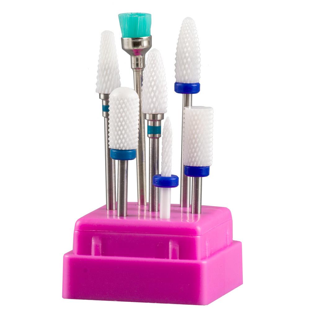 Набор из 7 керамических фрез для ногтей, гель-лак, кутикулы, маникюрные фрезы для маникюрных наборов, инструменты с держателем