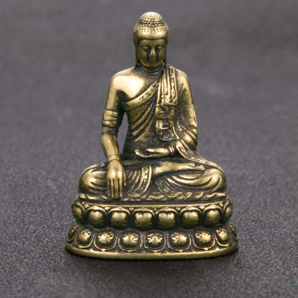 Vintage Brass Sitting Buddha Figurine Small Sakyamuni Statue for Collection Journey Worship Antique Home Desktop Decor