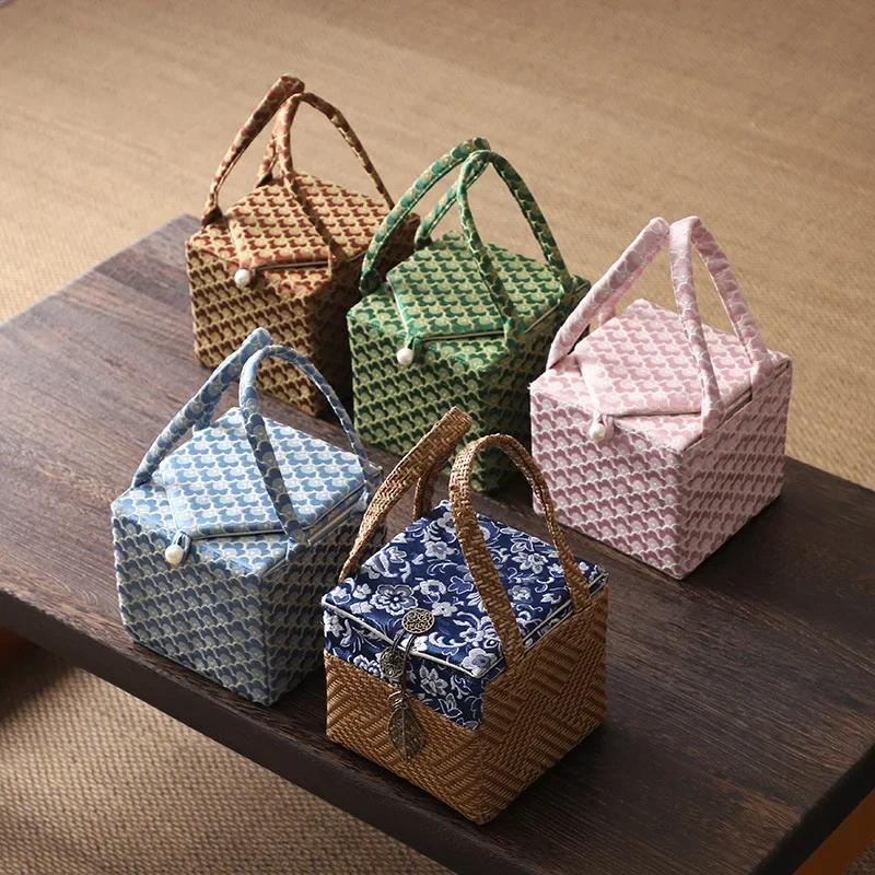 Handmade Woven Tea Ware Storage Bag, Fabric - Patchwork & Padded, Portable Handle, Teapot/Cup Organizer (Multi - Color)