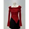 Design Sense Long-sleeved Knitted Sweater Women's Autumn Sexy Temperament One-word Shoulder Bottoming Shirt Irregular Top