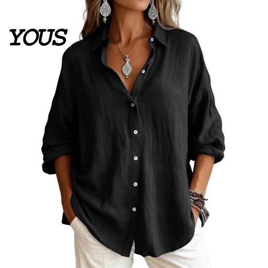 Casual Long Sleeve Tops Women Button Front Shirt, Turndown Collar Blouse, Relaxed Fit Solid Color Drop Shoulder Fall Top for Daily Wear
