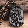 Retro Chinese Style Simulate Obsidian Engraved Zodiac Signs Animal Pendant Necklace for Men Jewelry