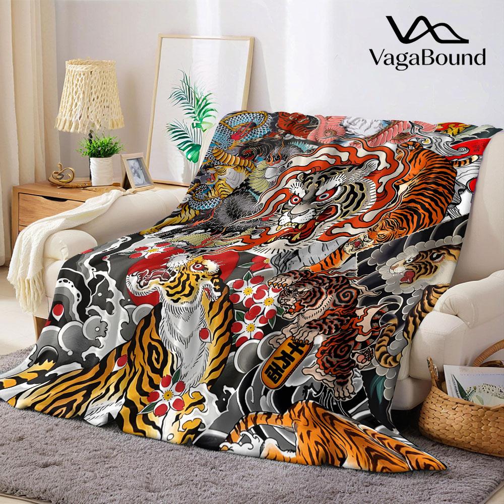 Traditional Japanese Tiger Tattoo Printed Blanket Suitable for Sofas Beds Offices Travel Camping Chairs Warm Plush Blanket