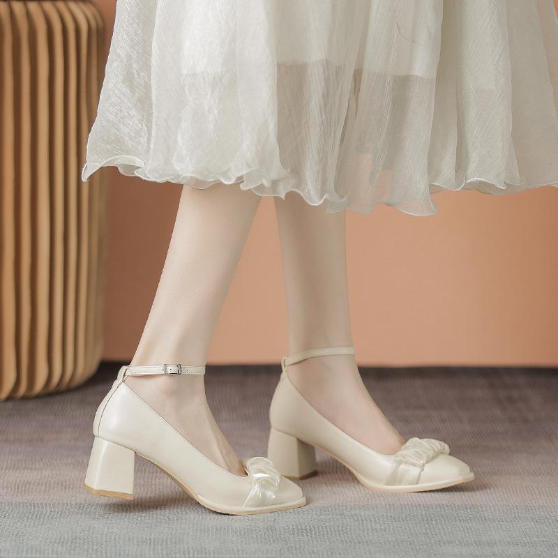 Leather flat for Huizhou women's shoes grape mother same high heels French new thick heel Mary Jane shoes women