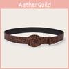 Retro Flower Fashion Pattern Oval Buckle Decoration Women Wide Belt Daily For