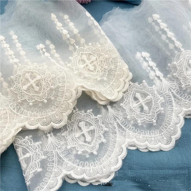 3Yards(2.7Meters)/lot 18cm Wide France Style Apricot/White Wave Edge Mesh Flow Heart Falling Holy Cross Embroidery Lace Trim DIY Clothing Accessories