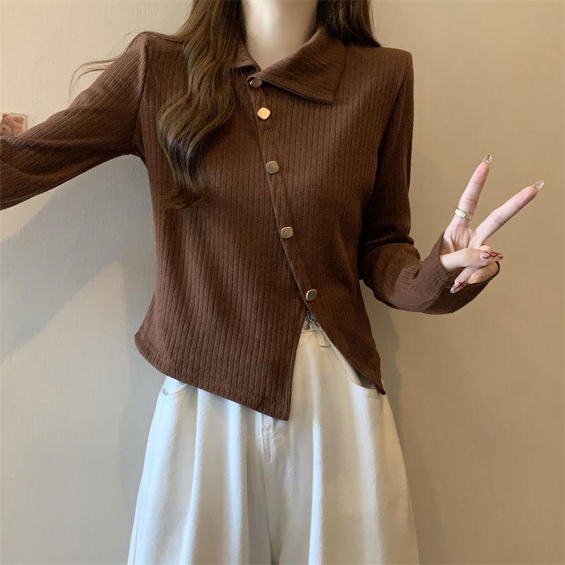 Women's Pullover Knitted Sweater Base Shirt for Autumn and Winter Lapel Long Sleeved Top