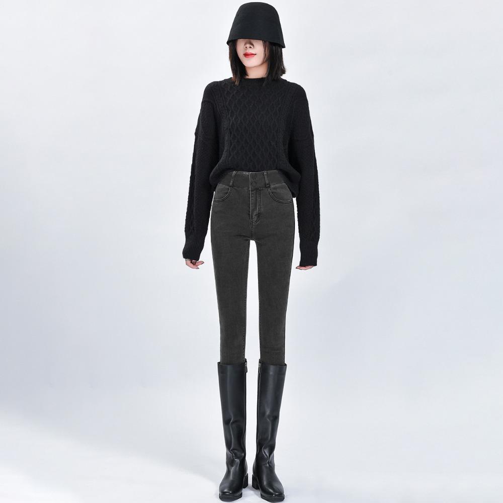 Autumn and Winter New Simple High-waisted Jeans Female Slim-fitting High and Thin Elastic Tight Small-footed Jeans Tide