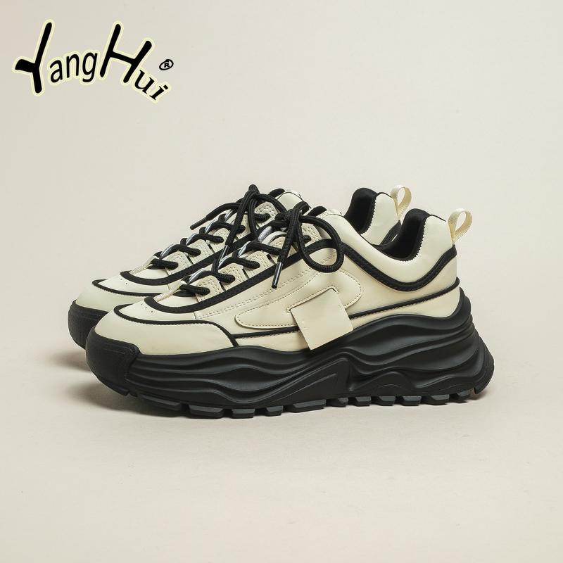 2024 New Fashion Mixed Colors Women Platform Shoes All-match Leisure Sports Korean Style Lace Beige Sneakers Autumn Winter