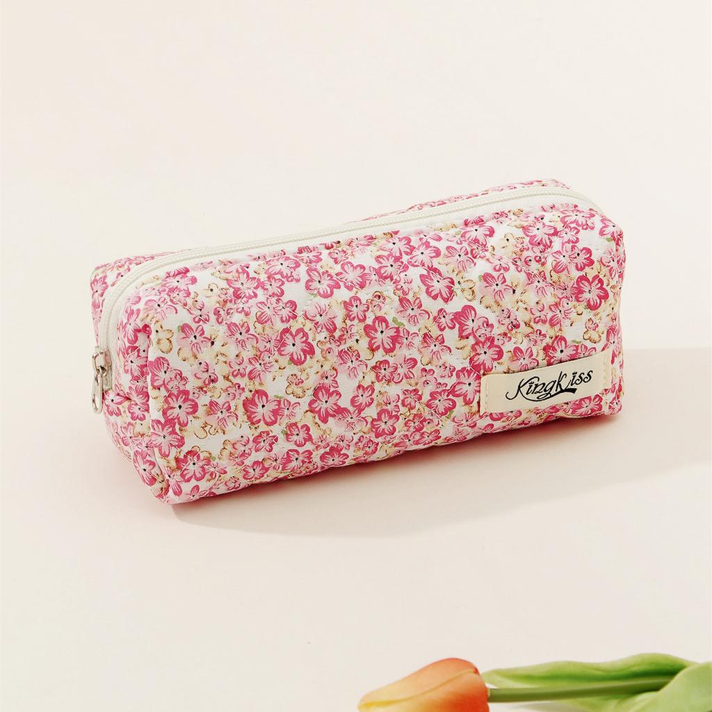 Chic Floral Pencil Case Student Girl Aesthetic Vintage Flower Strawberry Cat Pencil Bag High Capacity Stationery Storage Bag