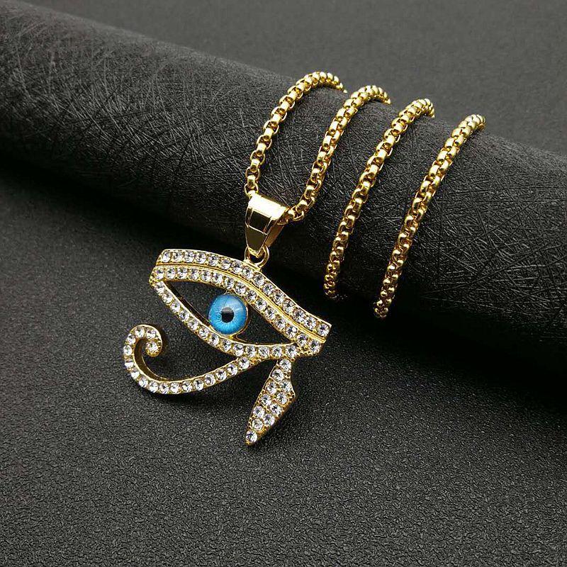 Egyptian Iced Out Bling Eye Of Horus Pendant Gold Color Stainless Steel Amulet Charm Necklace for Men Ancient Egypt Jewelry Gift