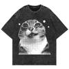 Свободная черная футболка с коротким рукавом, с вирусным принтом Pop Cat Meme и звездным графическим принтом в стиле полутон, для любителей кошек и поклонников уличной моды