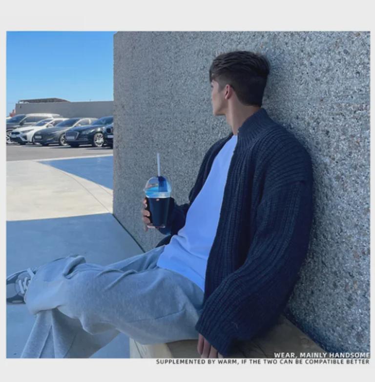 Мужская ретро корейская трикотажная куртка-кардиган с воротником-стойкой