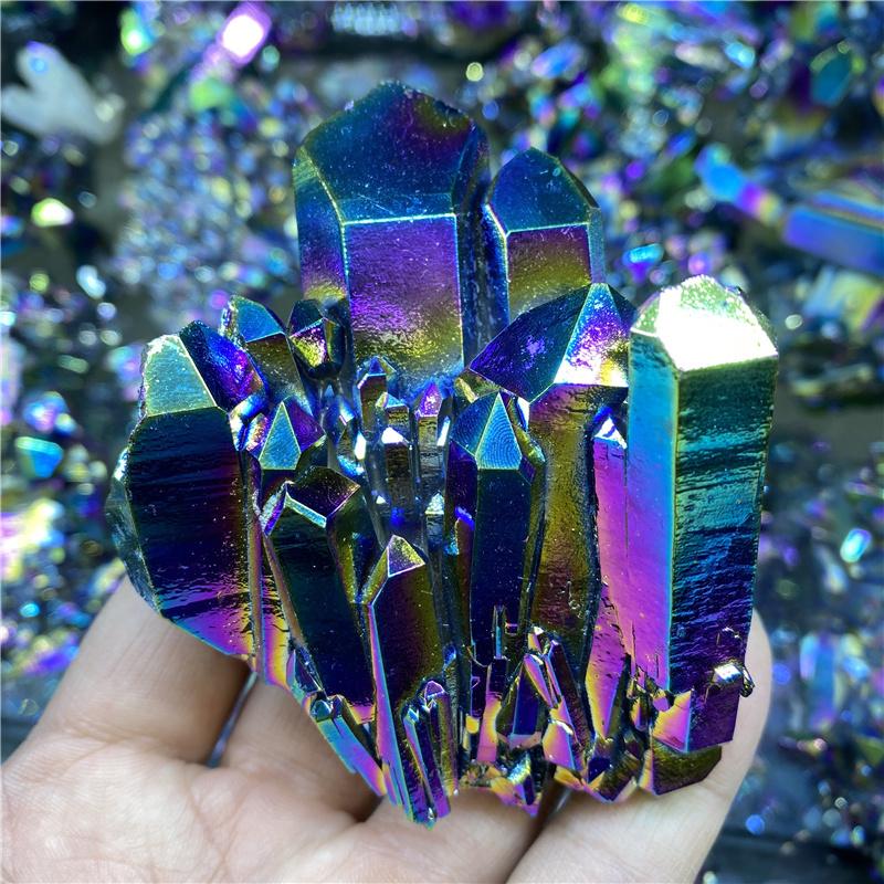 Natural Aura Quartz Cluster Electroplate Rainbow Titanium Angel Aura Crystal Cluster for Home Decor Healing Gift