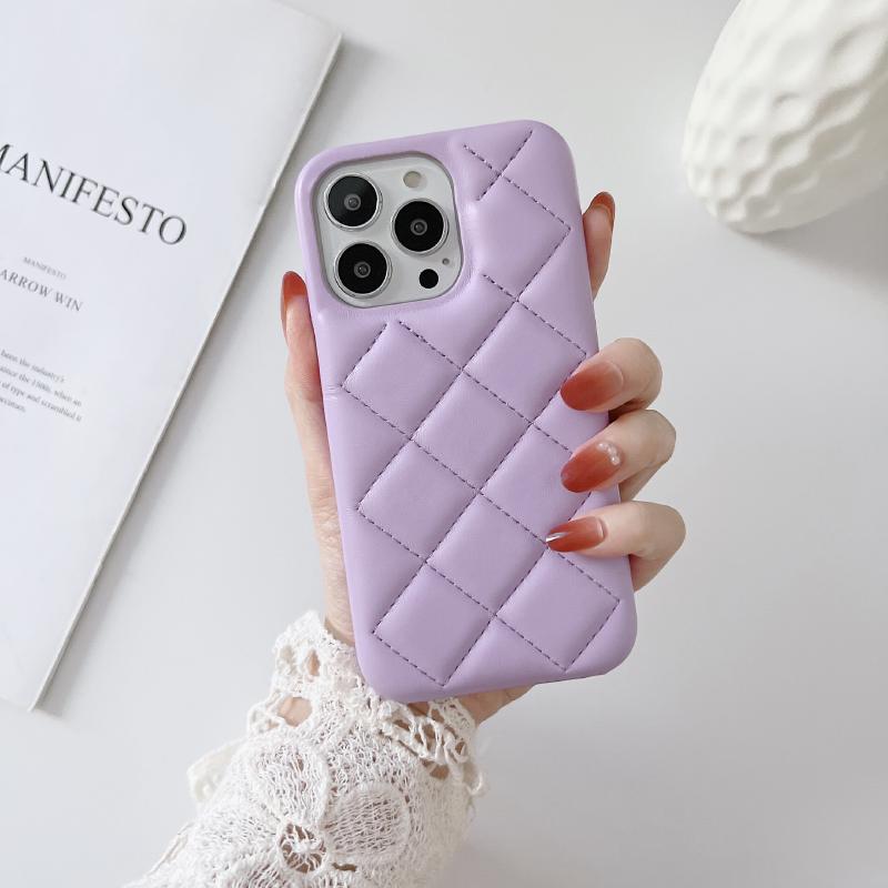 Luxury Solid Color Leather Rhombus Up and Down Not Bordered Phone Case For iPhone 16 Pro Max 14 11 12 13 15 Pro Max Bumper Cover