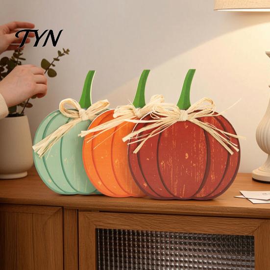 Multi Color Fall Ornaments 3Pcs Autumn Pumpkin Ornaments,Rustic Wooden with Hemp Rope Bow Harvest Table Decor for Farmhouse Seasonal Home Thanksgiving