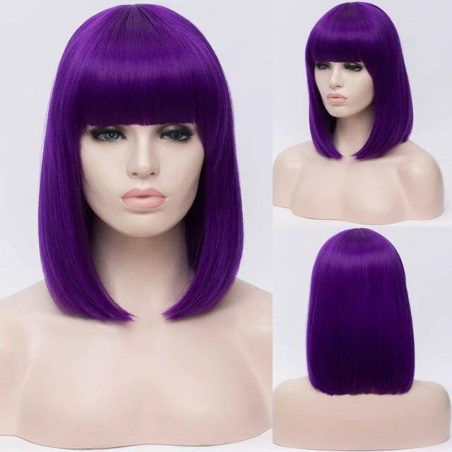 Женские синтетические прямые короткие парики «боб» с челкой, синий, золотой, красный, черный, белый, фиолетовый, зеленый, коричневый, женский парик для косплея