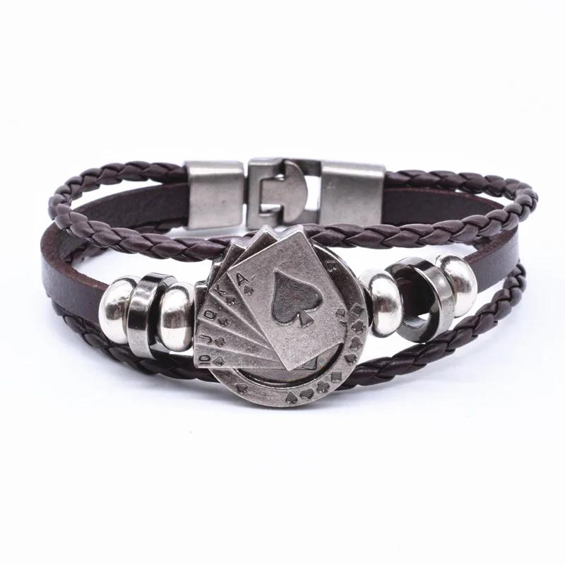 New Retro Men Playing Cards Raja Vegas Charm Bracelets Bangles Multilayer Braided Leather Friendship Jewelry Gift