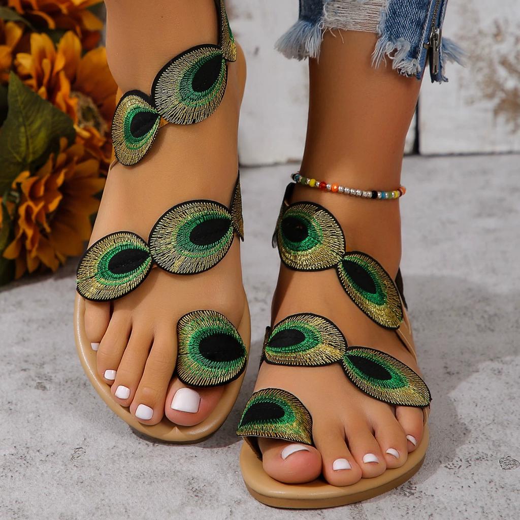Large Size Flat Bottomed Toe Colored Sandals with Peacock Eyes, Hair, Beach Sandals for Women