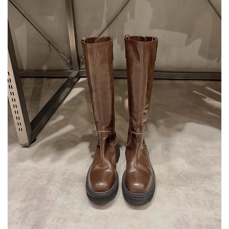 Виноградная мать того же стиля, высококачественная кожа, круглый носок, толстая подошва, толстый каблук, тонкие рыцарские сапоги средней длины, женские новые осенне-зимние