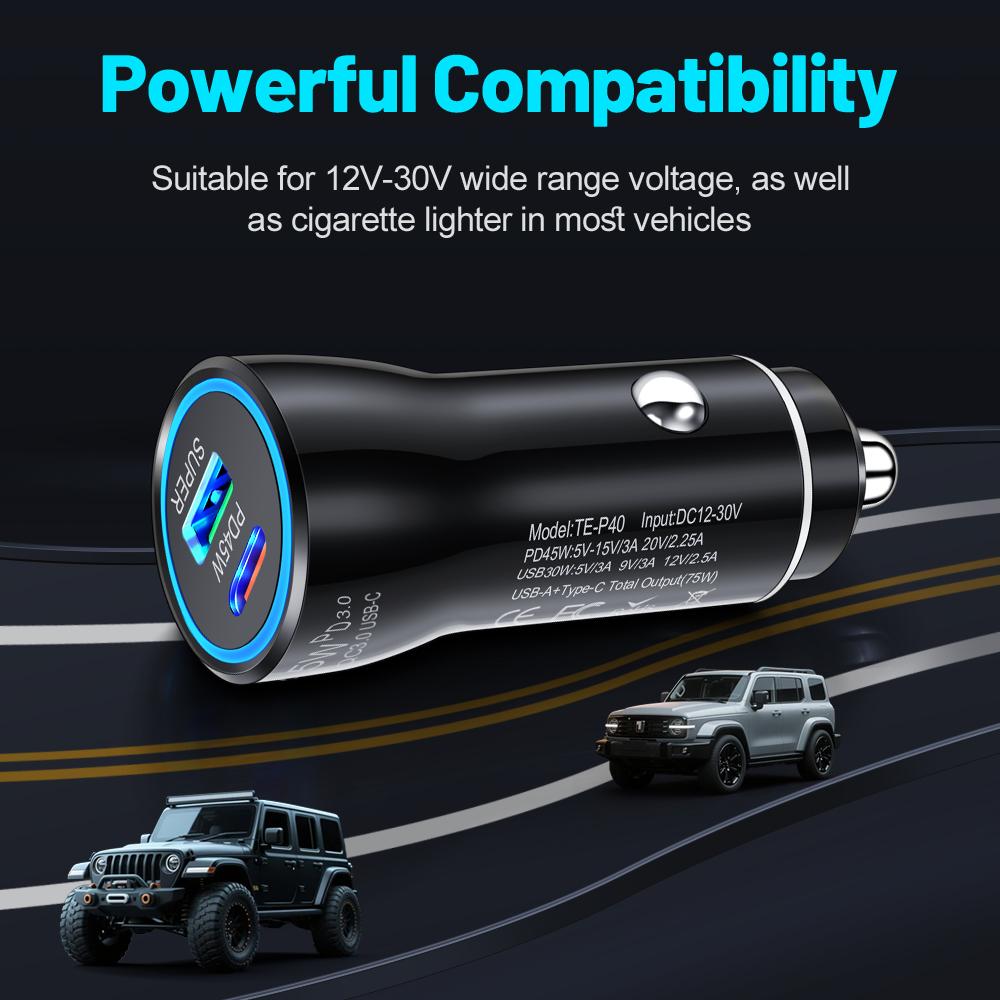 Автомобильное зарядное устройство QC3.0 45 Вт, двойной порт USB Type-C, быстрая зарядка, автомобильный адаптер питания, универсальный для телефона Samsung, для серии iPhone и т. д.