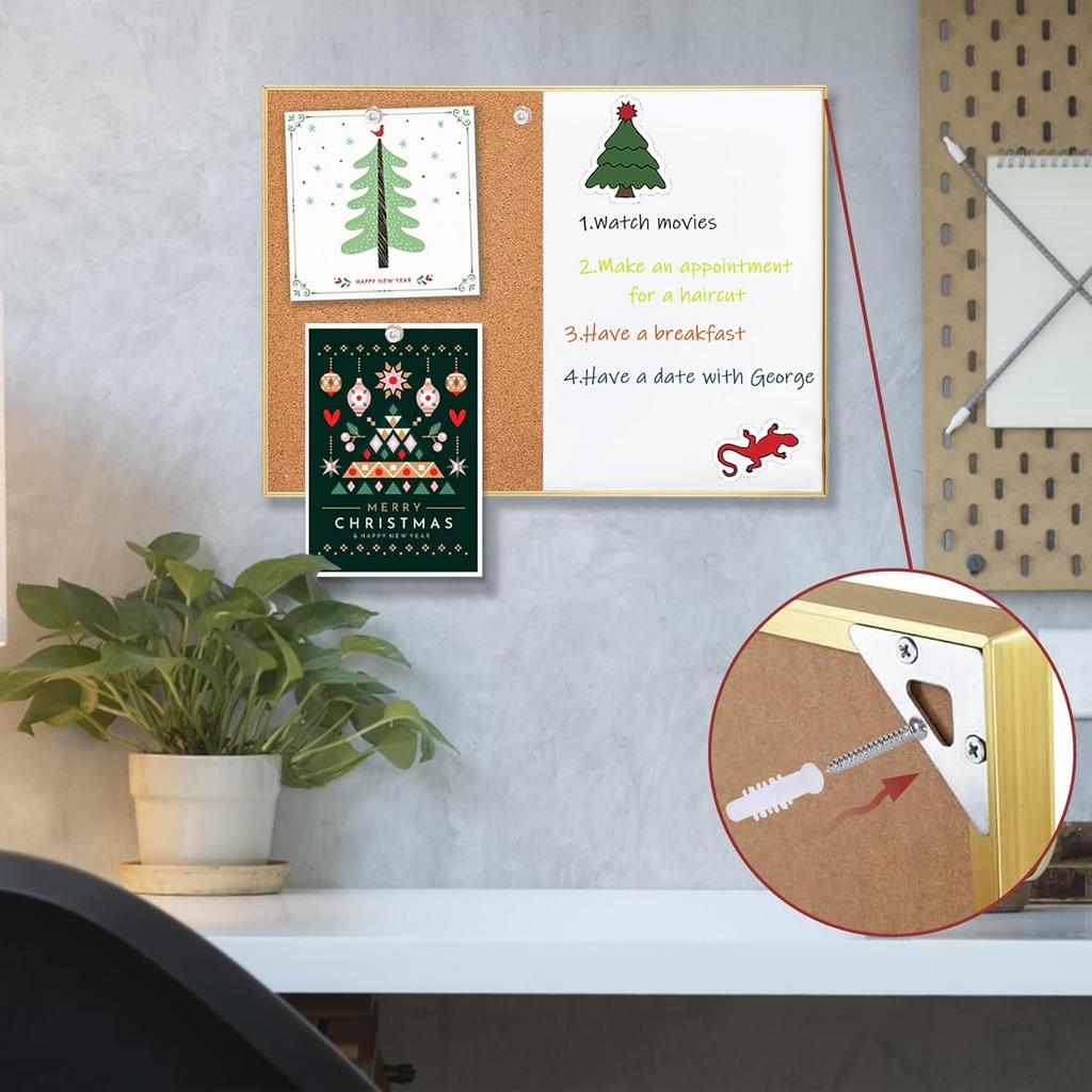Okydoky Cork Board White Board Combo, Small Size 10.6" x 14.6" Magnetic Dry Erase Board/Bulletin Combination Board, Gold Aluminum Frame, for Home,