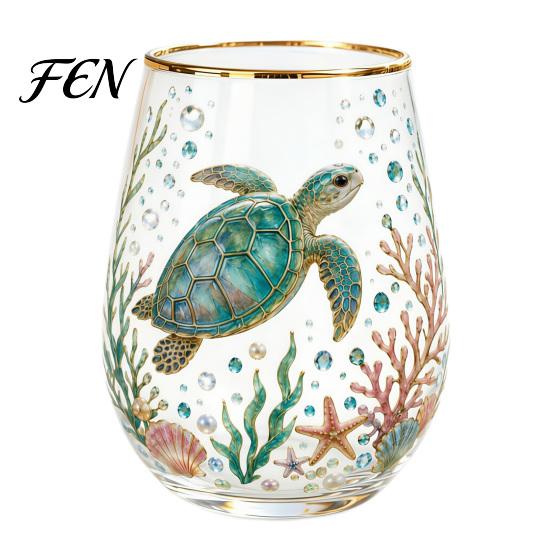 Forest Style Decorative Glass Hand Painted Tumbler, Egg Shaped Cup with Gold Rim, Clear Lead-Free Party Entertaining Glassware Mug for Tea Coffee Wine