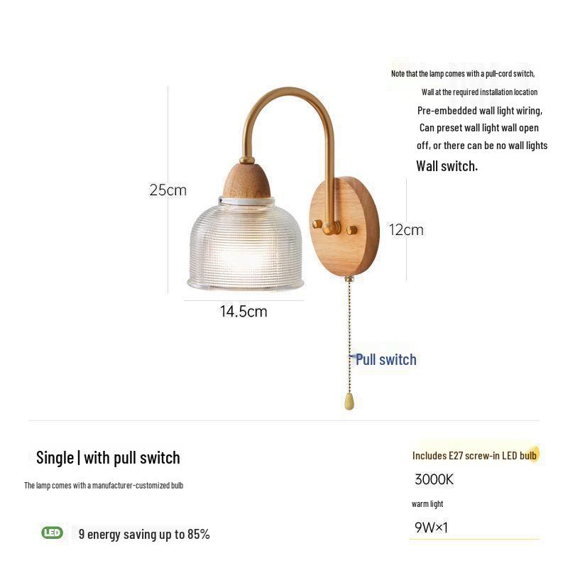 Solid Wood Pull Cord Wall Lamp - Bedside, Corridor, or Study Cream Lamp