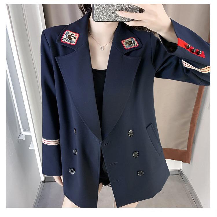 Brit Style Women's Casual Suit Jacket with Embroidery, Korean Fashion Long Sleeve Coat for Spring