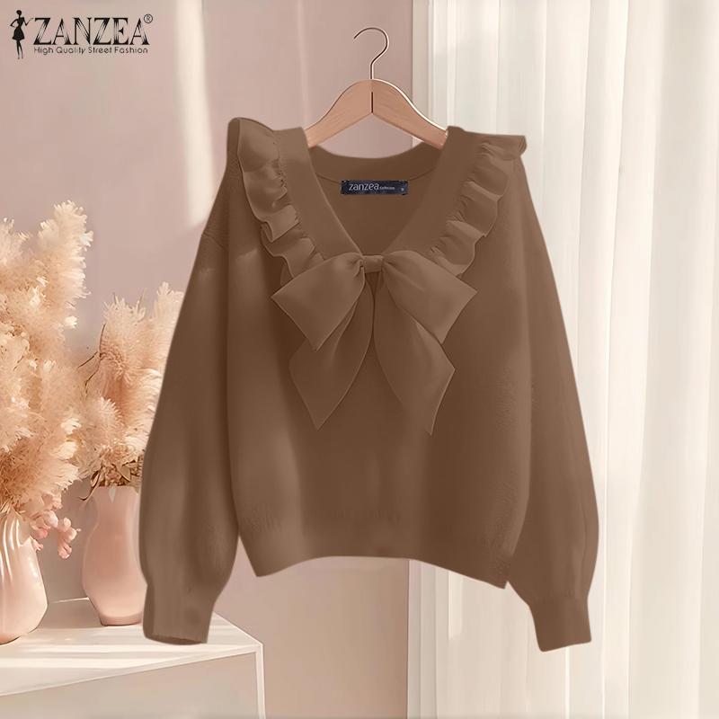 ZANZEA Women Bows Splice V-Neck Casual Long Sleeve Blouse