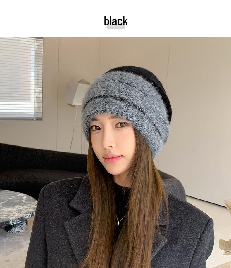 Korean Colorblock Rabbit Fur Fleece-Lined Beanie with Ear Protection – Elegant Women's Knit Hat for Cold Weather