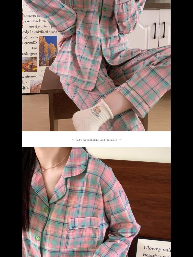 Japanese Style Girls Plaid Pajama Set - Cute Long Sleeve Fresh Homewear