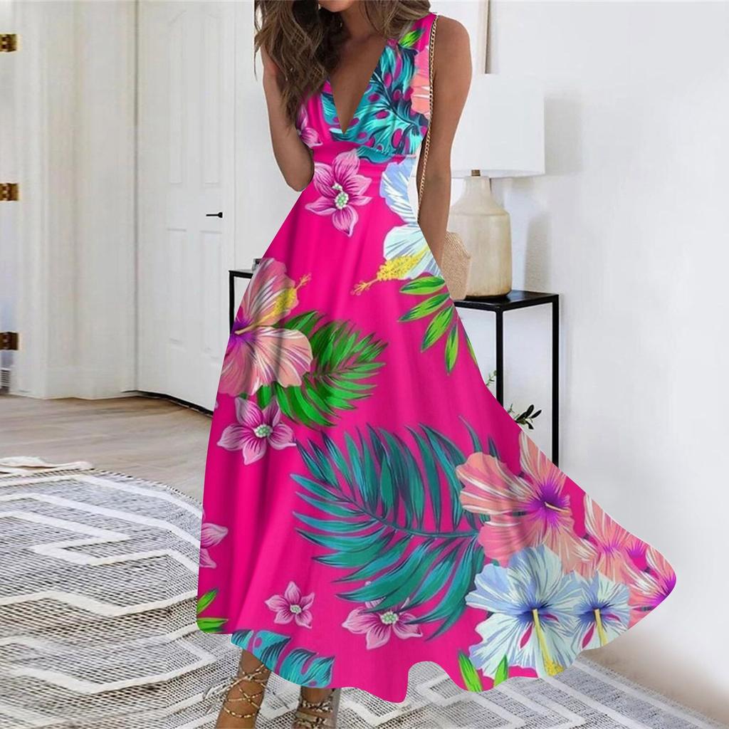 Женское длинное платье без рукавов с v-образным вырезом и цветочным принтом