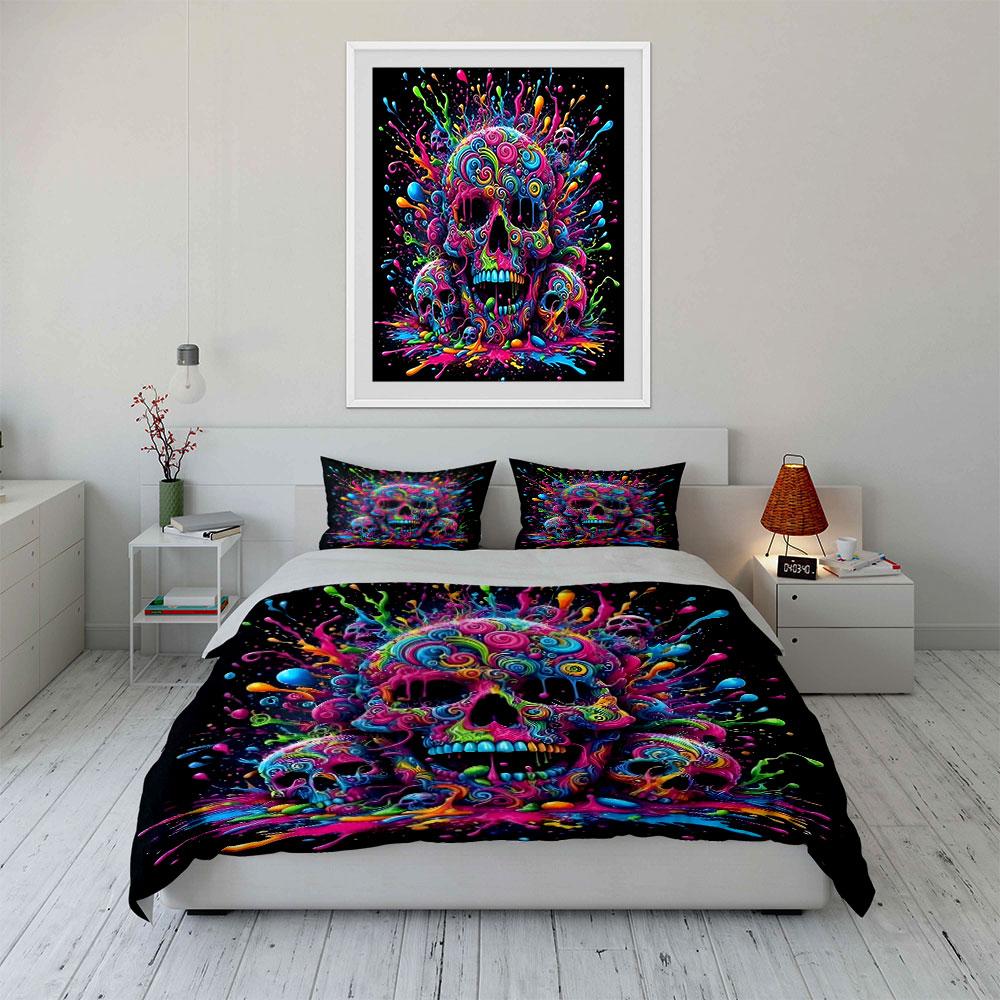 3Pcs Trippy Fantasy Bedding Set, Multicolor Swirl Skull Art on Black Background Print Duvet Cover,modern decor