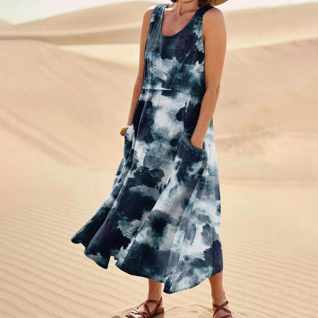 Women's Fashion Casual Solid Colour Sleeveless Cotton Linen Pocket Dress