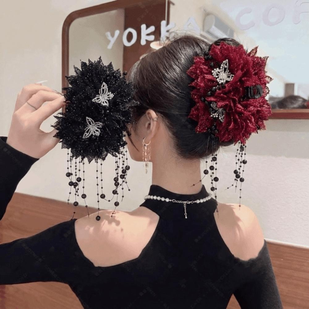 Peony Flower Pearl Tassel Shark Clip Double Flower Plastic Shark Clip Hairpin Sequin Mesh Flower Hair Claw Ponytail Accessories