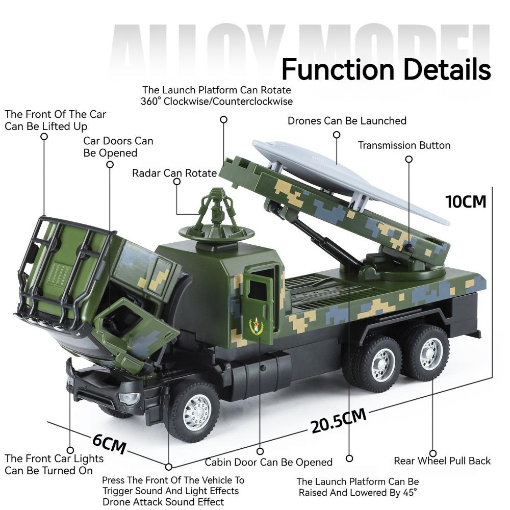 1:32 Scale Drone Launch Model Car Toy Rotatable Launch Pad  Alloy Diecast Sound Light Pull Back Military Vehicles for Kids Gifts
