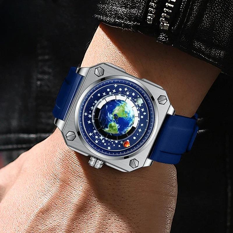Часы Earth Watch для мужчин Вращающийся циферблат Земли Новый концепт Креативная синяя планета Немеханический указатель Силиконовый ремешок Мужские часы