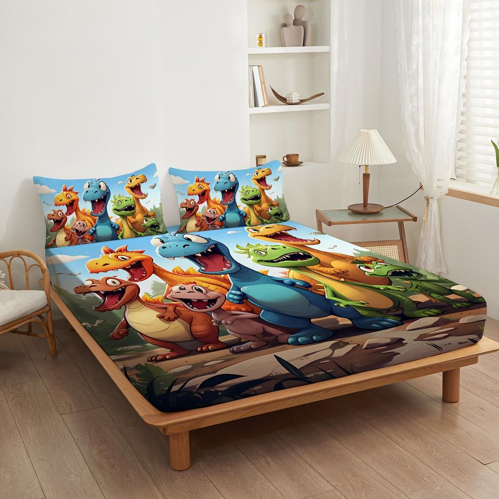 2/3pcs Cute Cartoon Dinosaur 3D Fitted Sheet Set Brushed Digital Printing Fitted Sheet Pillowcase Set (1 Fitted Sheet + 1/2