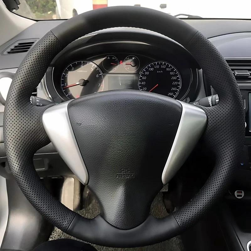 Hand-Stitched Black Leather Car Steering Wheel Cover For Nissan Tiida Sylphy Sentra Versa Note 2014