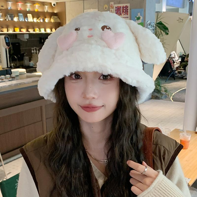 New Autumn and Winter Cute Rabbit Ear Hat for Women Fisherman Hat Warm and Versatile Face Showing Small Basin Hat Cold Proof Plush Hat Trendy
