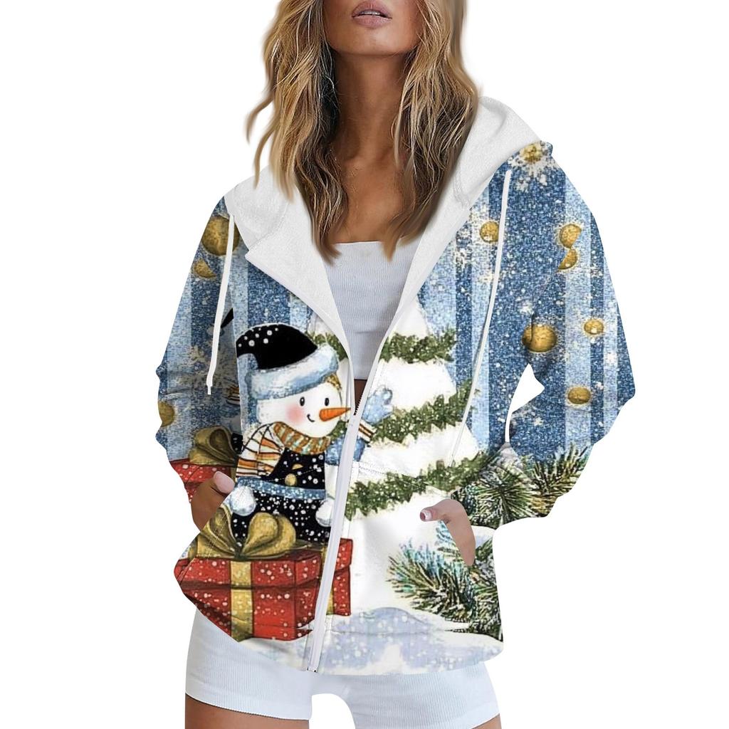 Женская рождественская печатная толстовка осень-зима с длинным рукавом кардиган куртка с карманами на молнии толстовка с капюшоном верхняя одежда
