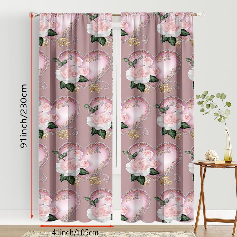 2PCS pink rose heart-shaped curtains, elegant and sweet style, bedroom and living room, decorative curtains with drawbar pockets