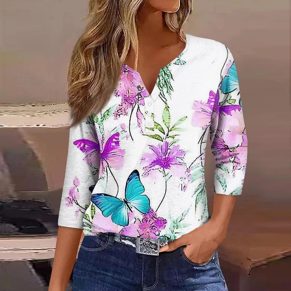Женская модная повседневная футболка с цветочным принтом, V-образным вырезом, коротким рукавом, декоративными пуговицами и рукавом три четверти