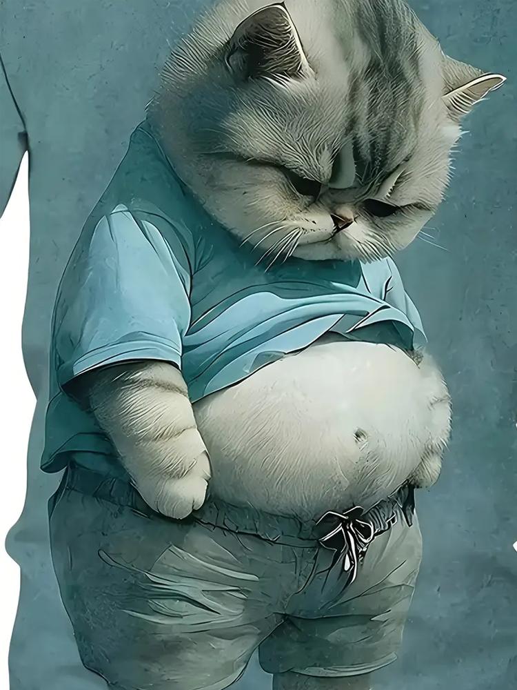 Мужская футболка с забавным принтом Fat Cat, повседневная, с круглым вырезом и коротким рукавом