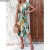 MODIQUE 2025 Summer Plus Size New Women's Casual Geometry Printing Waist Flowing Belt Long Dress Ladies H-Line Hot Batwing Sleeve V-Neck Dress