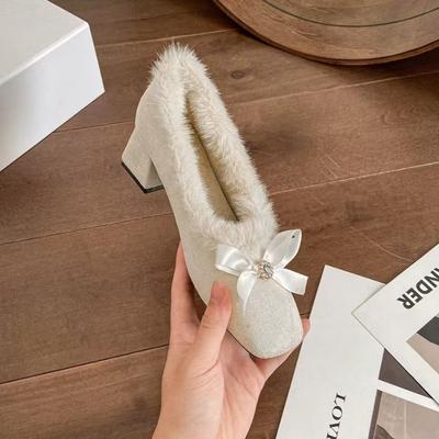 Мода 2024 Новые Кристальные Банты Квадратный Носок Плюшевые Теплые Женские Высокий Каблук Зимняя Мода Толстая Подошва Сексуальные С Неглубоким Вырезом Высокий Каблук Зимние Сапоги